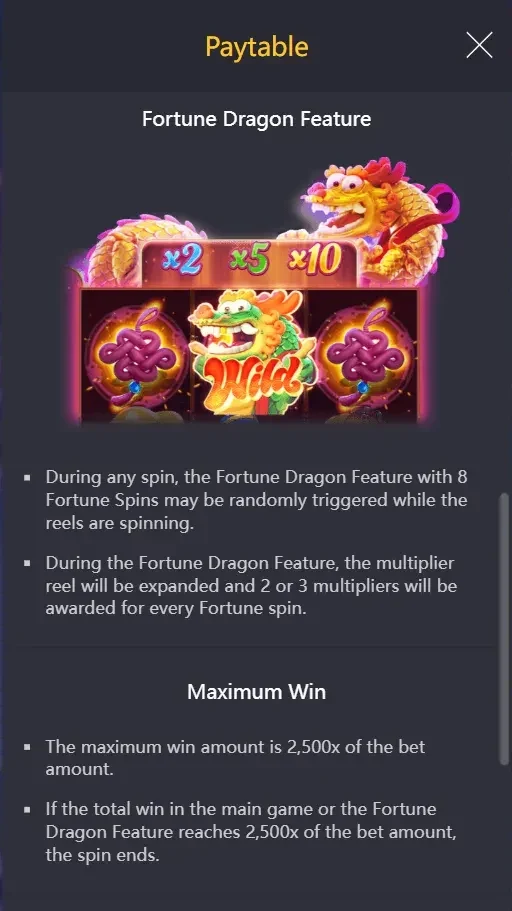 Fortune Dragon Feature rules page: the multiplier reel expanded over the grid showing x2, x5 and x10 above the Dragon Wild