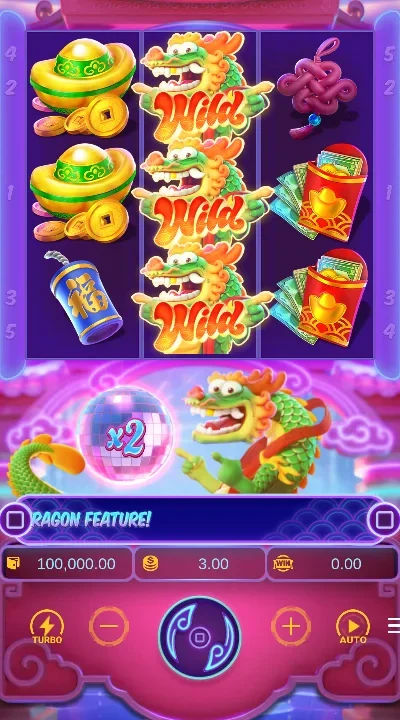 Fortune Dragon base game: three Dragon Wild symbols stacked on the middle reel, the multiplier reel showing x2 below the grid
