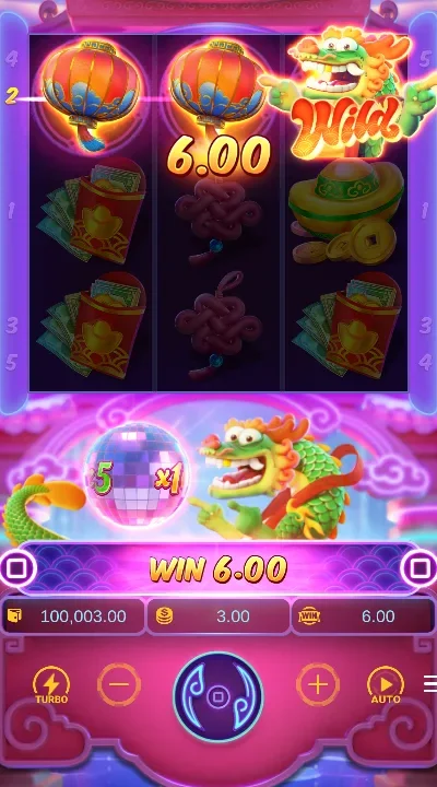 Base game round: line 2 pays 6.00 with two lanterns and the Dragon Wild, total bet 3.00 shown in the panel